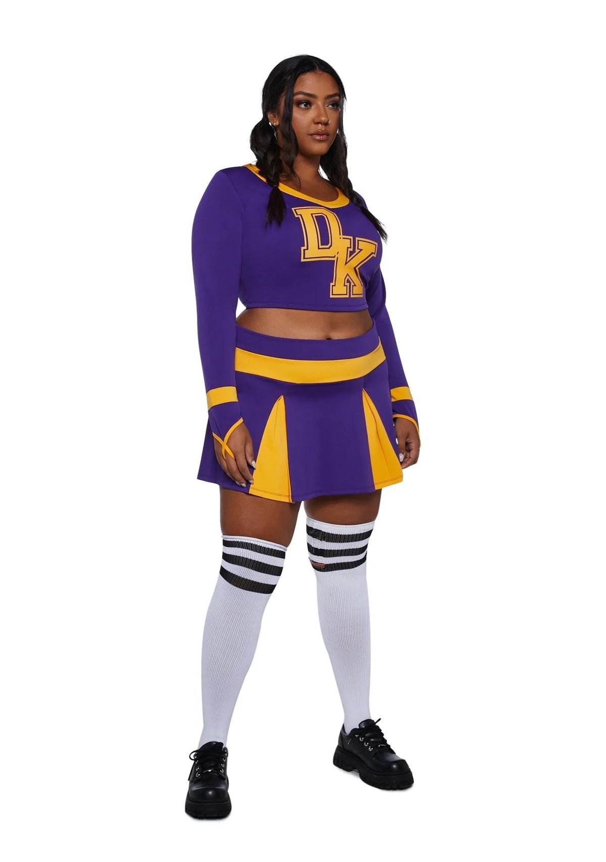 Cheerleader Costume Cropped Top Pleated Skirt Purple Yellow