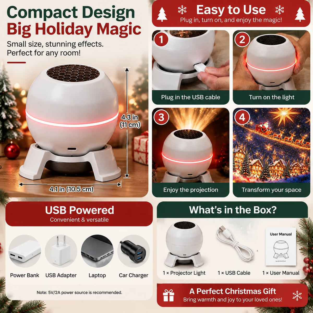 Christmas Light Projector Moving Figures USB-Powered