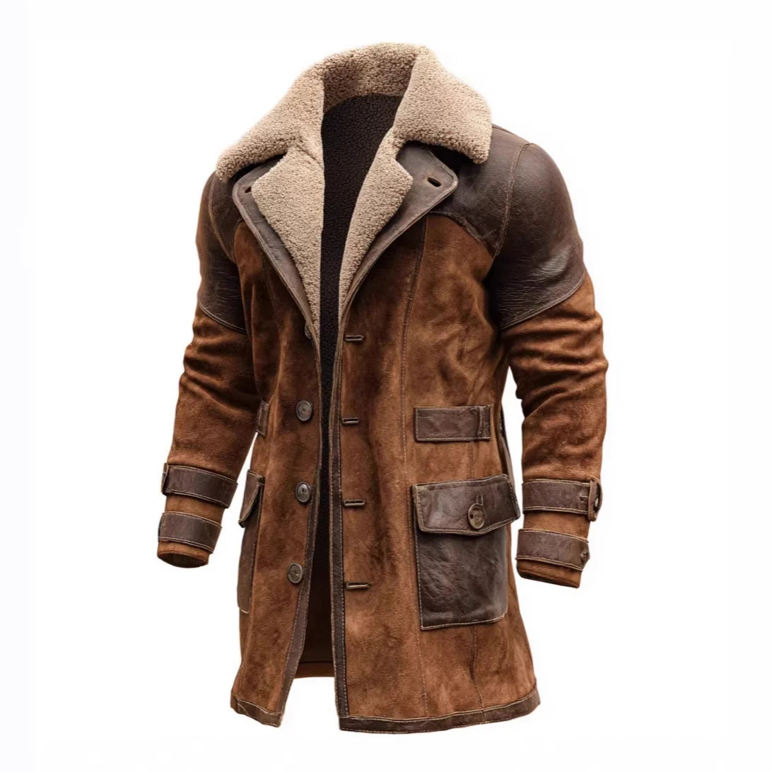 Long Coat Suede-Look Exterior Sherpa Lined Leather Accents
