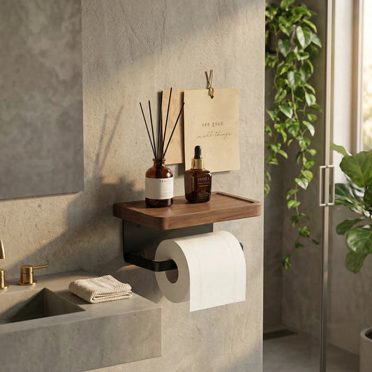 Toilet Paper Holder Wall-Mounted Wood Shelf & Black Metal