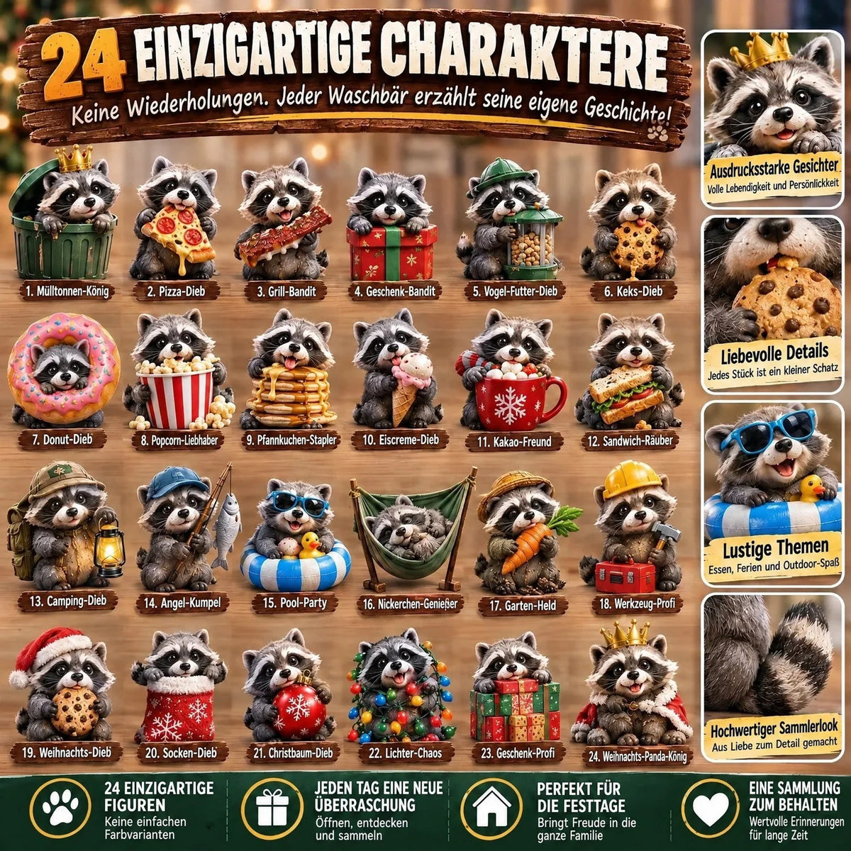 Advent Calendar 24 Unique Raccoon Figures