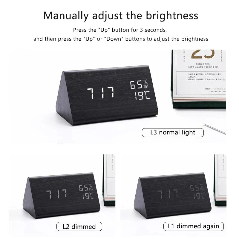 Alarm Clock Voice Control Wooden Finish