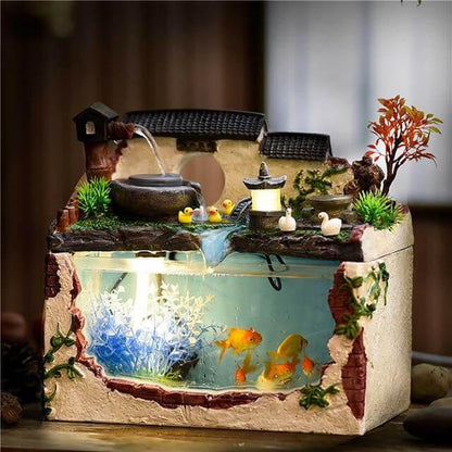 Aquarium Glass Built-In Fountain Tropical Design