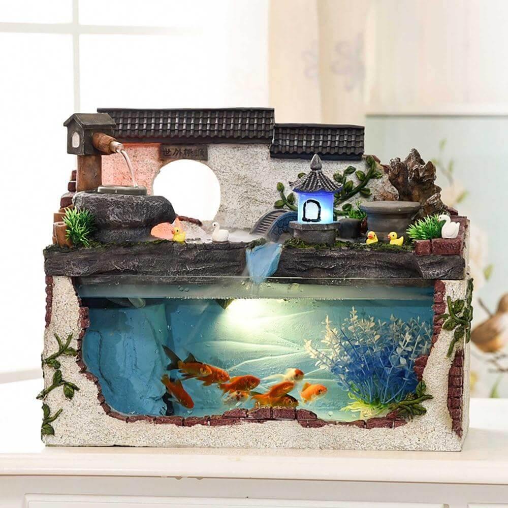 Aquarium Glass Built-In Fountain Tropical Design