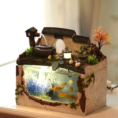 Aquarium Glass Built-In Fountain Tropical Design