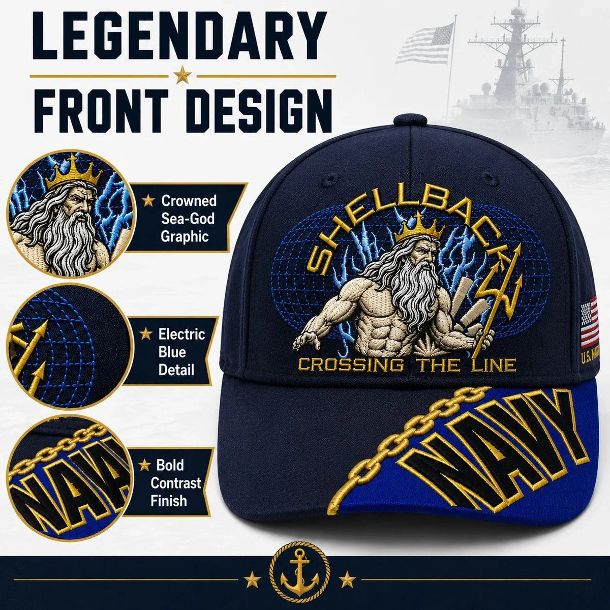 Baseball Cap Naval Graphic Adjustable Fit Gold Chain Brim Detail