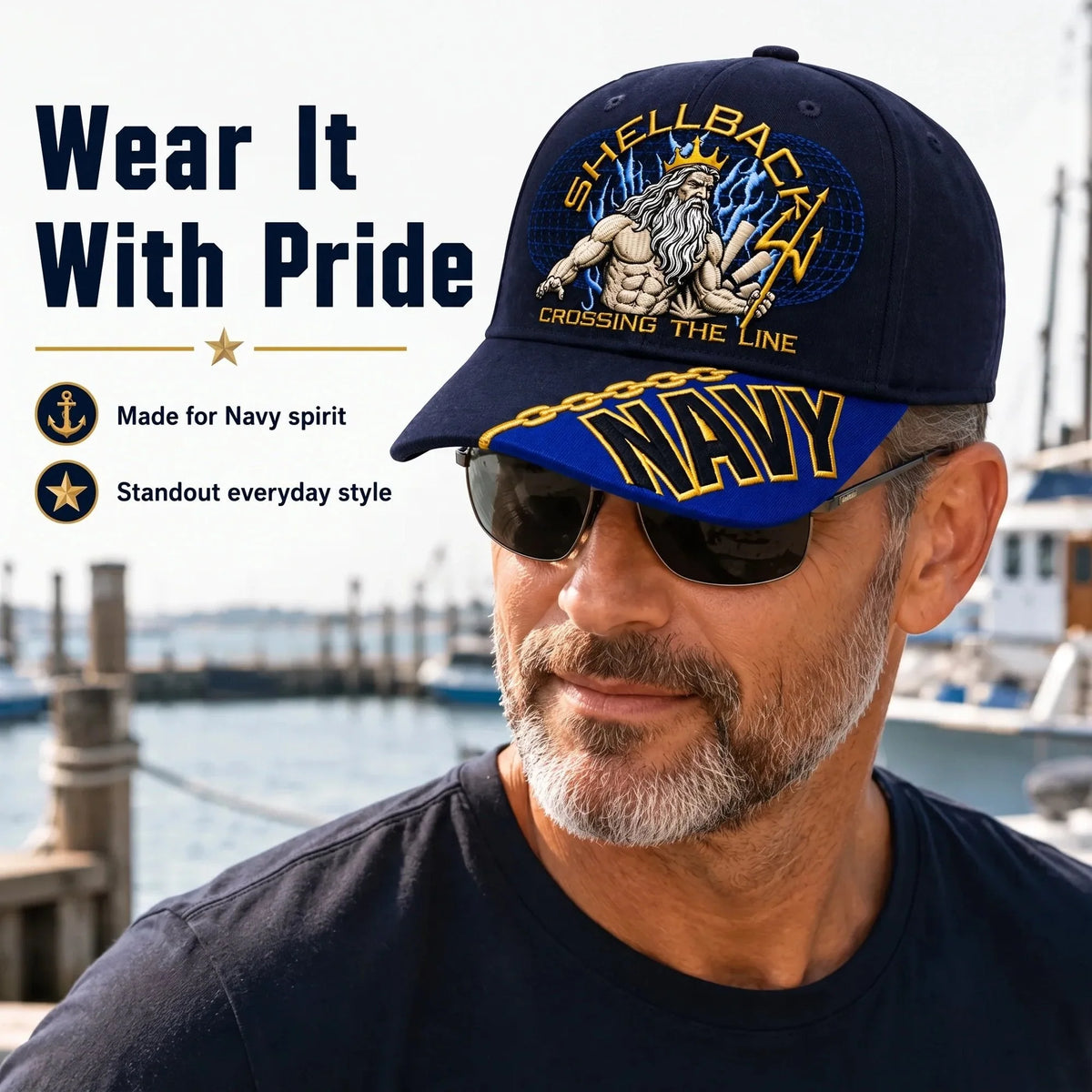 Baseball Cap Naval Graphic Adjustable Fit Gold Chain Brim Detail
