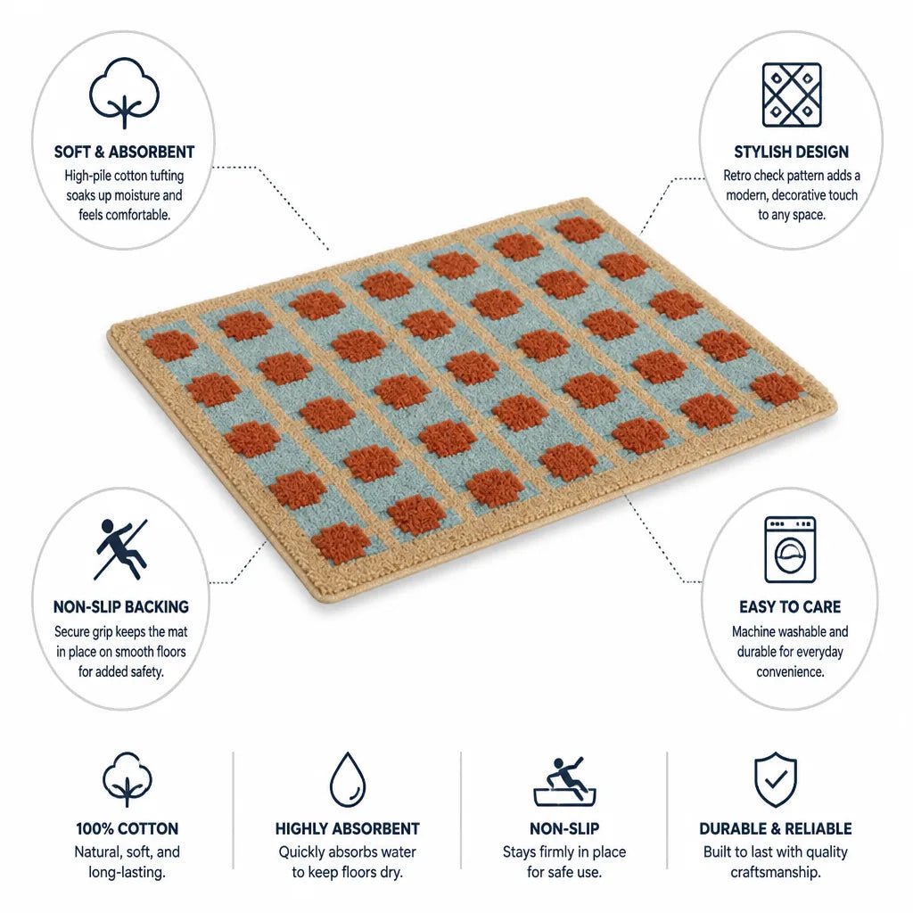 Bath Mat Retro Check Cotton Tufted Non-Slip