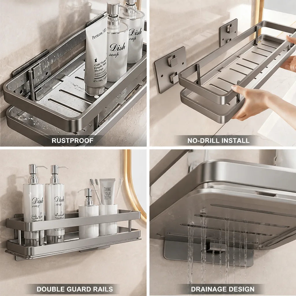 Bathroom Wall Shelf Stainless Steel No-Drill Double Guard Rails