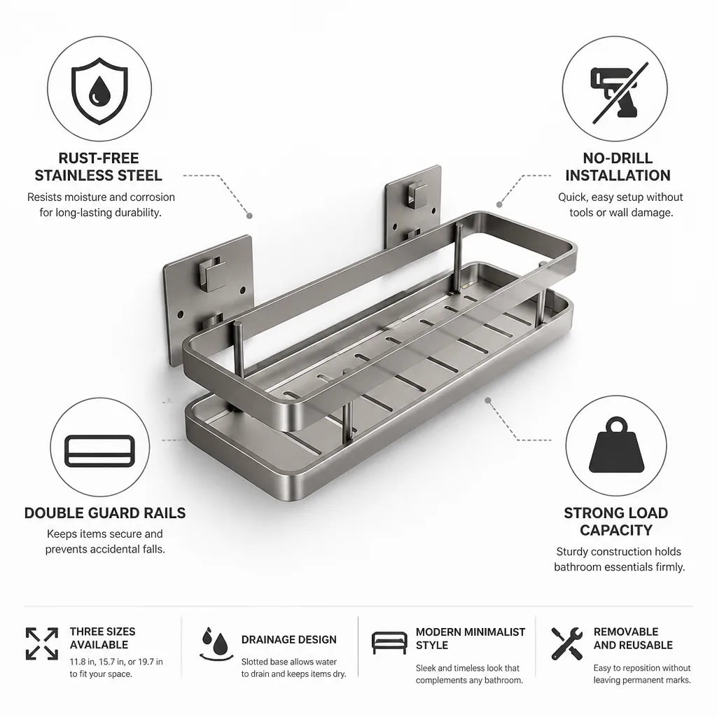 Bathroom Wall Shelf Stainless Steel No-Drill Double Guard Rails