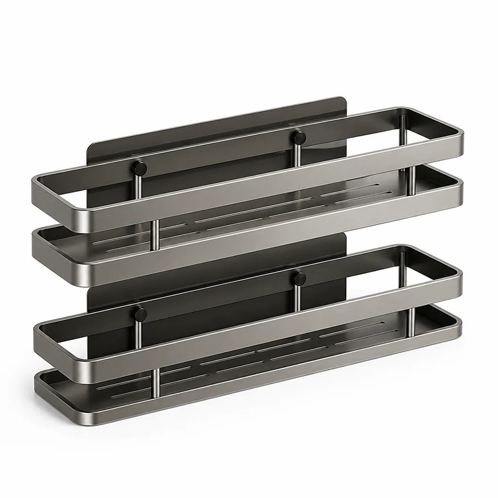 Bathroom Wall Shelf Stainless Steel No-Drill Double Guard Rails