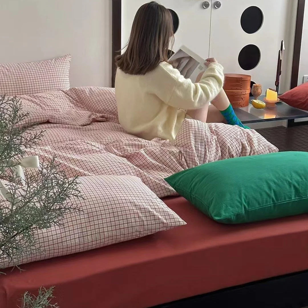 Bedding Set 4-Piece Cotton-Linen Blend Breathable Striped