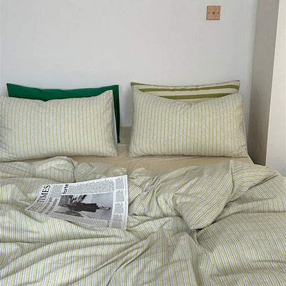 Bedding Set 4-Piece Cotton-Linen Blend Breathable Striped