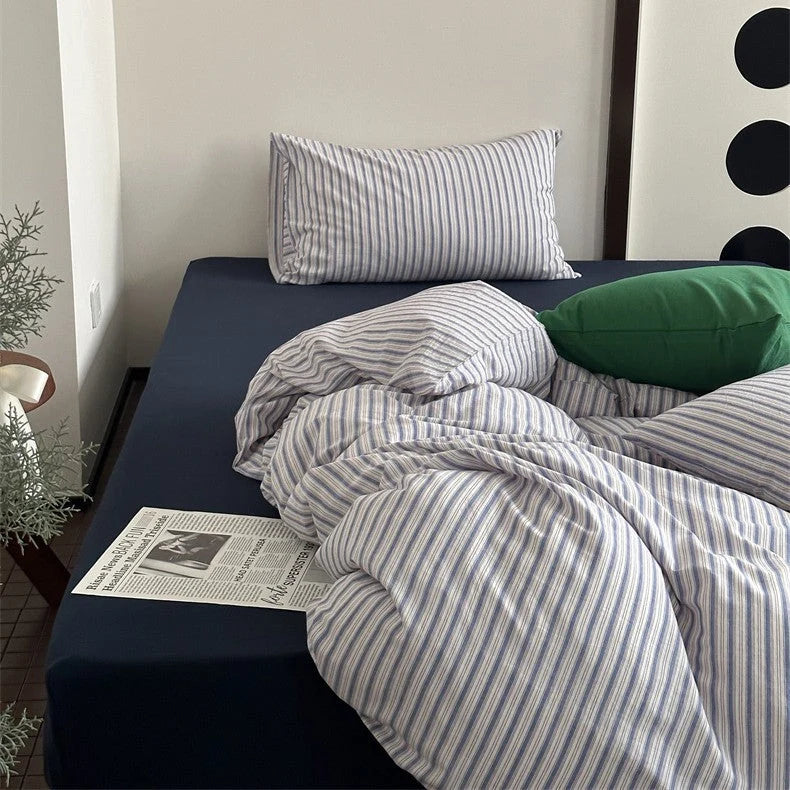 Bedding Set 4-Piece Cotton-Linen Blend Breathable Striped