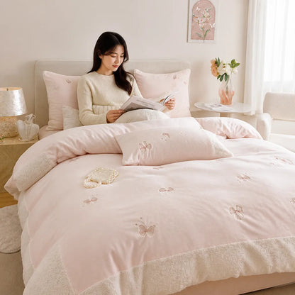 Bedding Set Embroidered Butterflies Teddy Fleece Trim