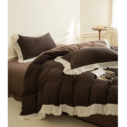 Bedding Set Soft Flannel Reversible Check Lace Trim