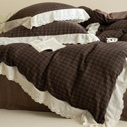 Bedding Set Soft Flannel Reversible Check Lace Trim