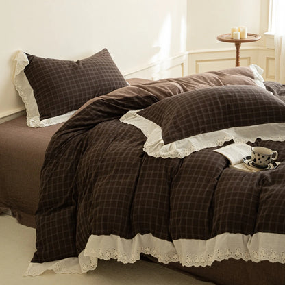 Bedding Set Soft Flannel Reversible Check Lace Trim