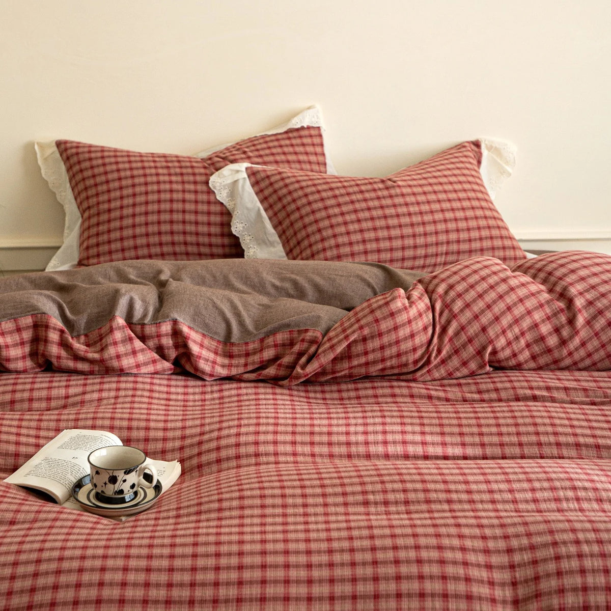 Bedding Set Soft Flannel Reversible Check Lace Trim