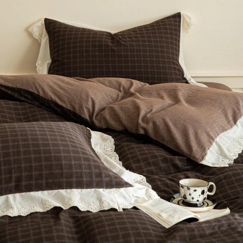 Bedding Set Soft Flannel Reversible Check Lace Trim
