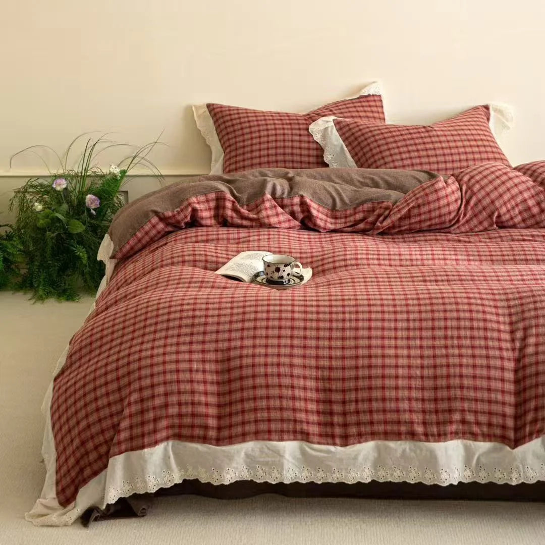 Bedding Set Soft Flannel Reversible Check Lace Trim