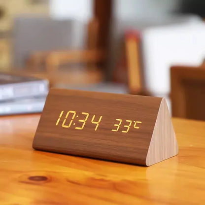 Bedside Alarm Clock Wooden LED Voice Control