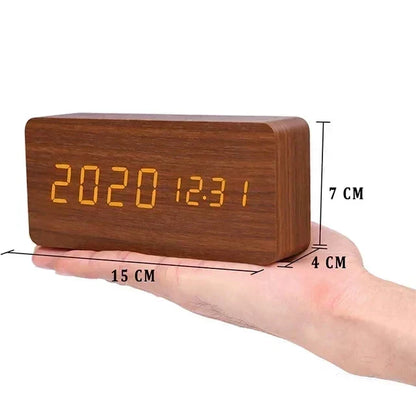 Bedside Alarm Clock Wooden LED Voice Control