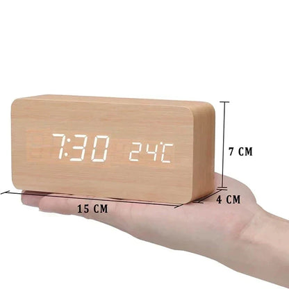 Bedside Alarm Clock Wooden LED Voice Control