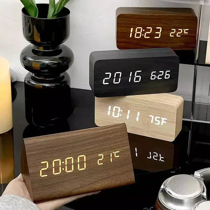Bedside Alarm Clock Wooden LED Voice Control