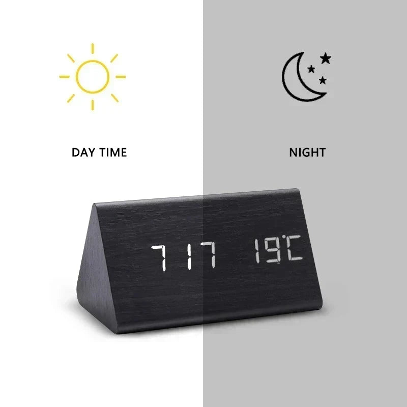 Bedside Alarm Clock Wooden LED Voice Control