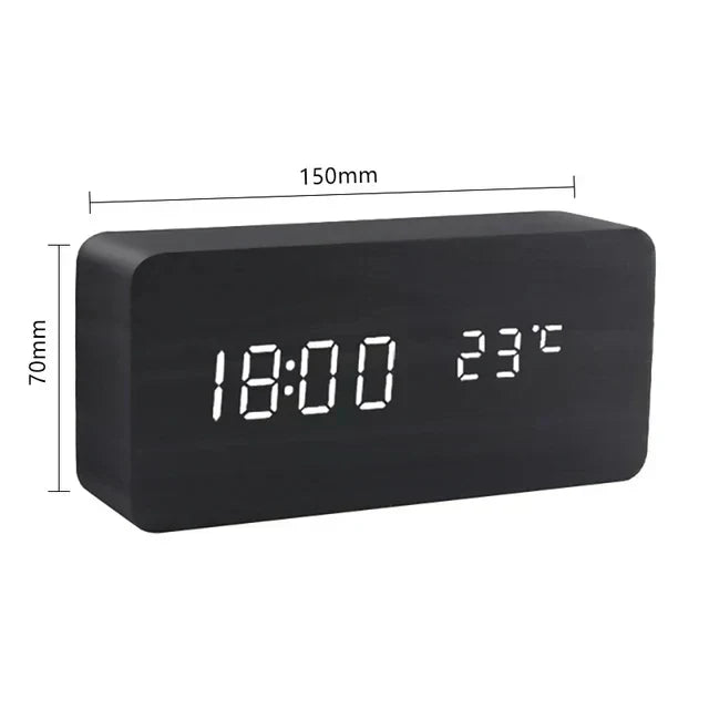 Bedside Alarm Clock Wooden LED Voice Control