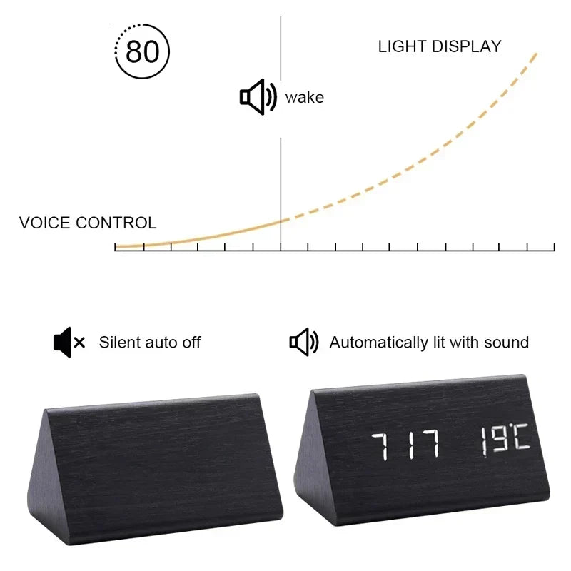 Bedside Alarm Clock Wooden LED Voice Control