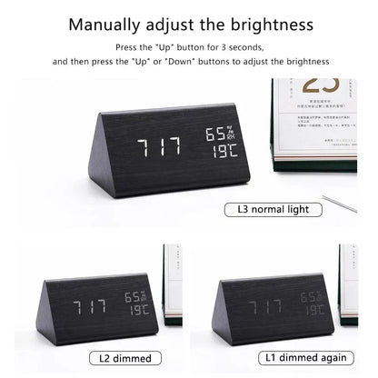 Bedside Alarm Clock Wooden LED Voice Control