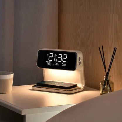 Bedside Table Lamp Dimmable LED Wireless Charger LCD Alarm Clock