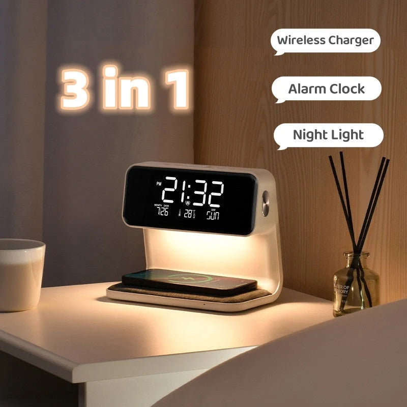 Bedside Table Lamp Dimmable LED Wireless Charger LCD Alarm Clock