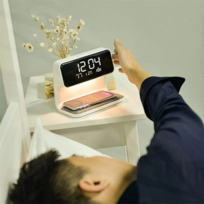 Bedside Table Lamp Dimmable LED Wireless Charger LCD Alarm Clock