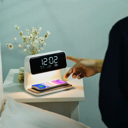 Bedside Table Lamp Dimmable LED Wireless Charger LCD Alarm Clock