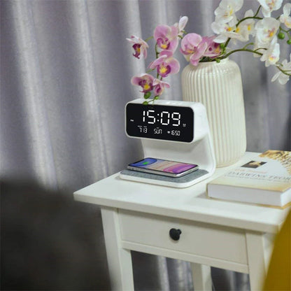 Bedside Table Lamp Dimmable LED Wireless Charger LCD Alarm Clock