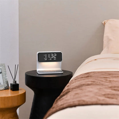 Bedside Table Lamp Dimmable LED Wireless Charger LCD Alarm Clock