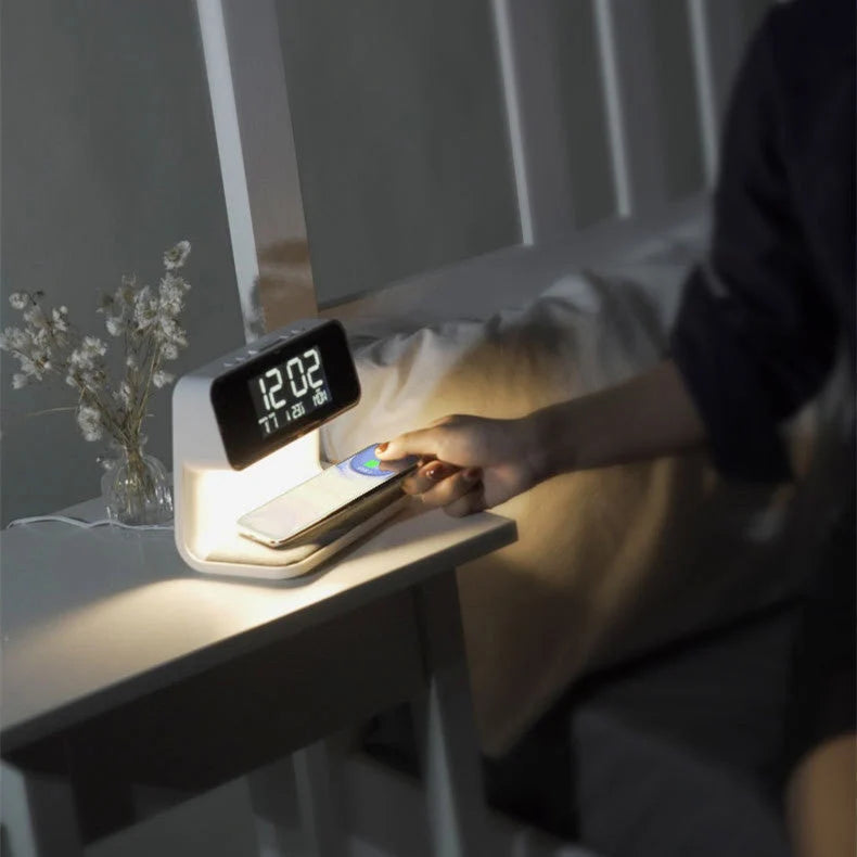 Bedside Table Lamp Dimmable LED Wireless Charger LCD Alarm Clock