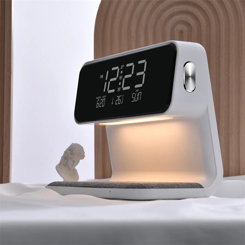 Bedside Table Lamp Dimmable LED Wireless Charger LCD Alarm Clock