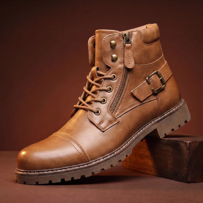 Biker Boots Side Zip Adjustable Laces Deep-Tread Sole