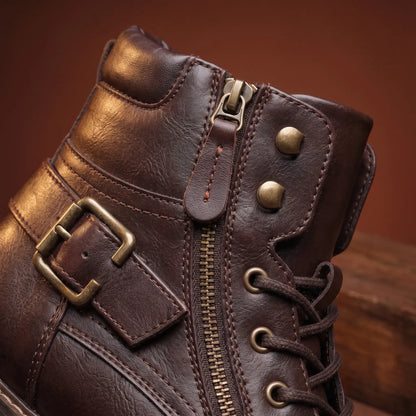 Biker Boots Side Zip Adjustable Laces Deep-Tread Sole