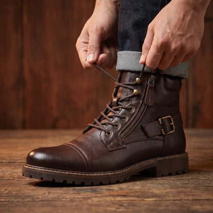 Biker Boots Side Zip Adjustable Laces Deep-Tread Sole