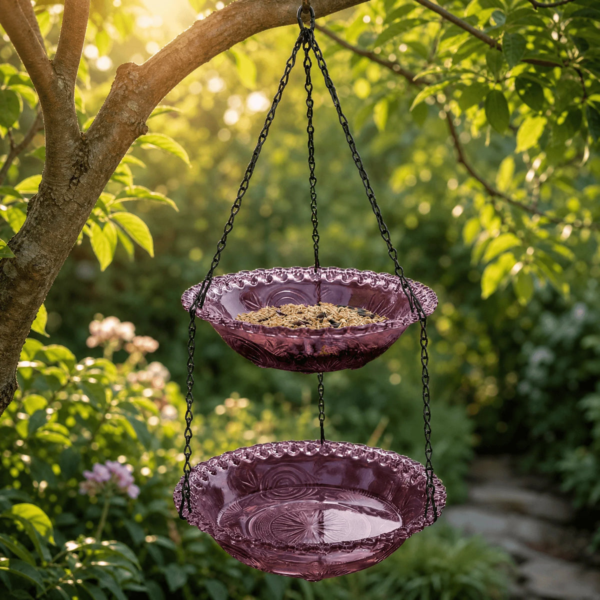 Bird Feeder & Bird Bath Dual-Tier Hanging Weather-Resistant Plastic