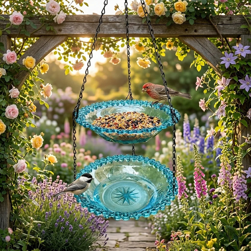 Bird Feeder & Bird Bath Dual-Tier Hanging Weather-Resistant Plastic