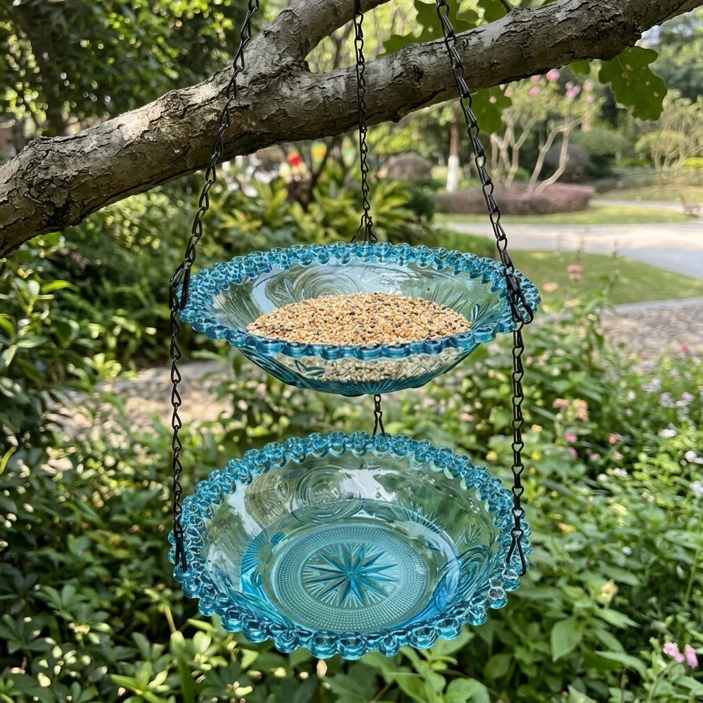 Bird Feeder & Bird Bath Dual-Tier Hanging Weather-Resistant Plastic