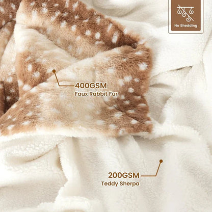 Blanket Reversible Plush Faux Fur Deer Pattern Machine-Washable Polyester
