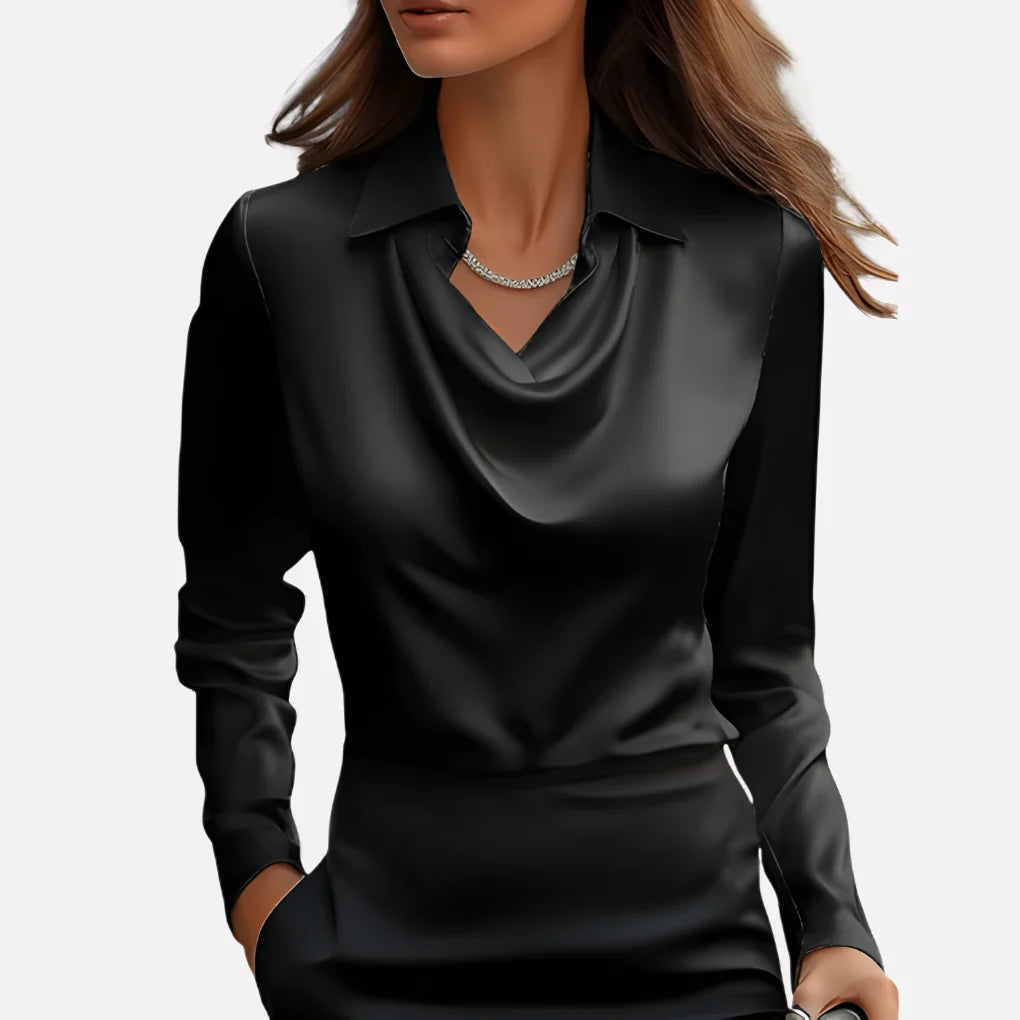 Blouse Satin-Like Draped Neckline Loose Fit