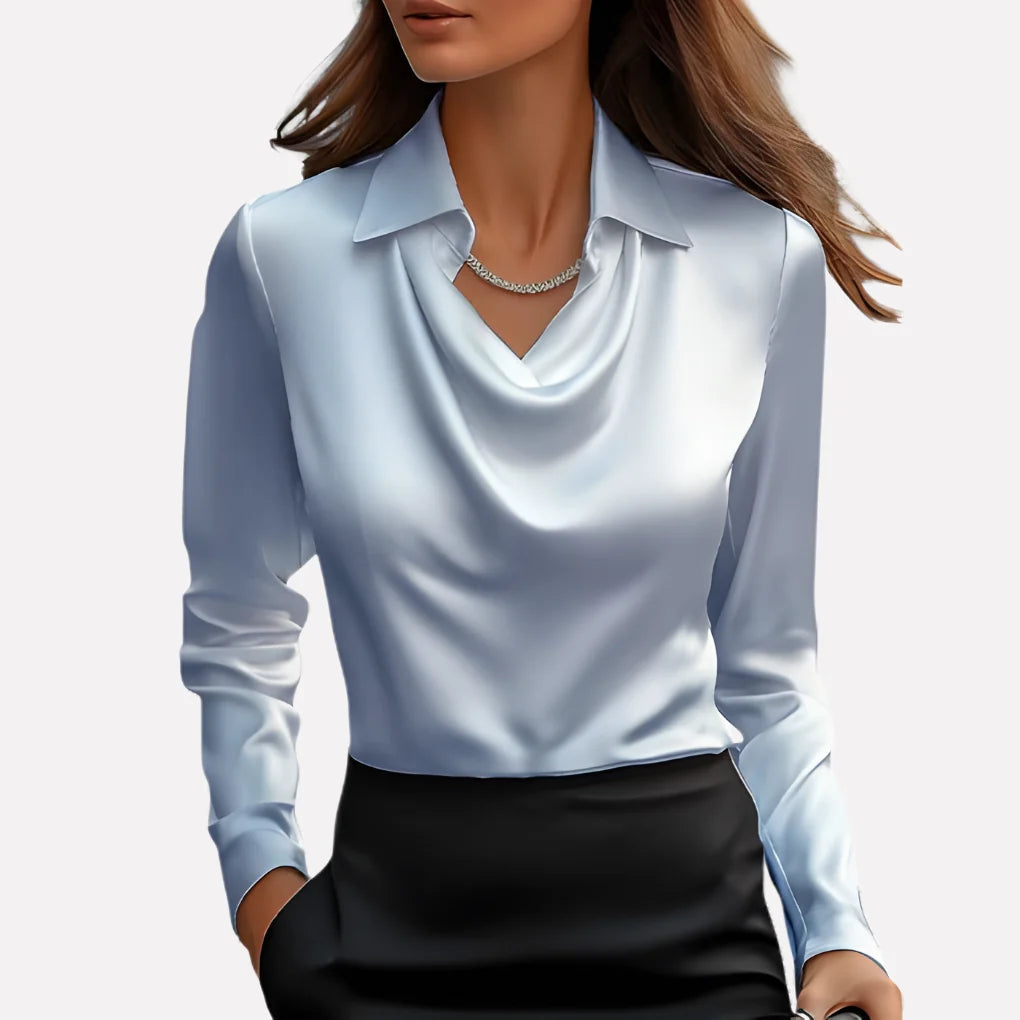 Blouse Satin-Like Draped Neckline Loose Fit